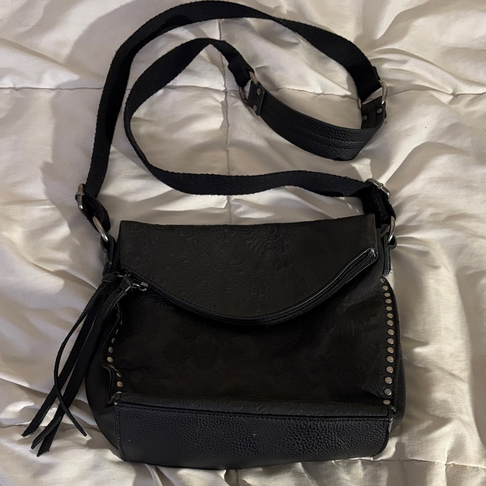 The Sak Black Hobo Floral Embossed Leather Crossbody Purse